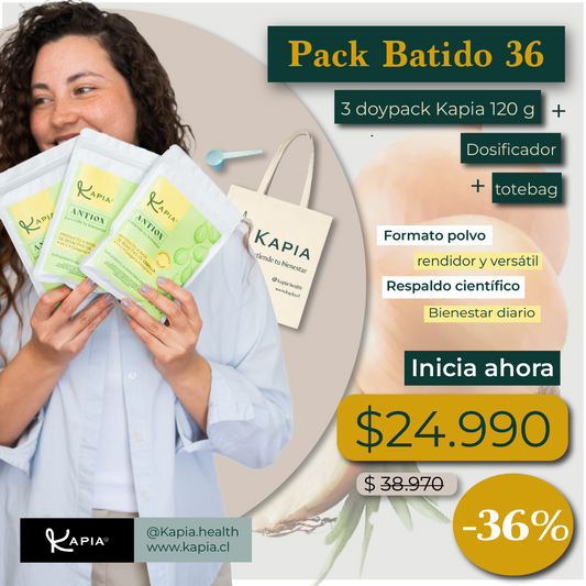 Pack Batido 36 – 3 Doypack Kapia 120 g + Dosificador + Totebag