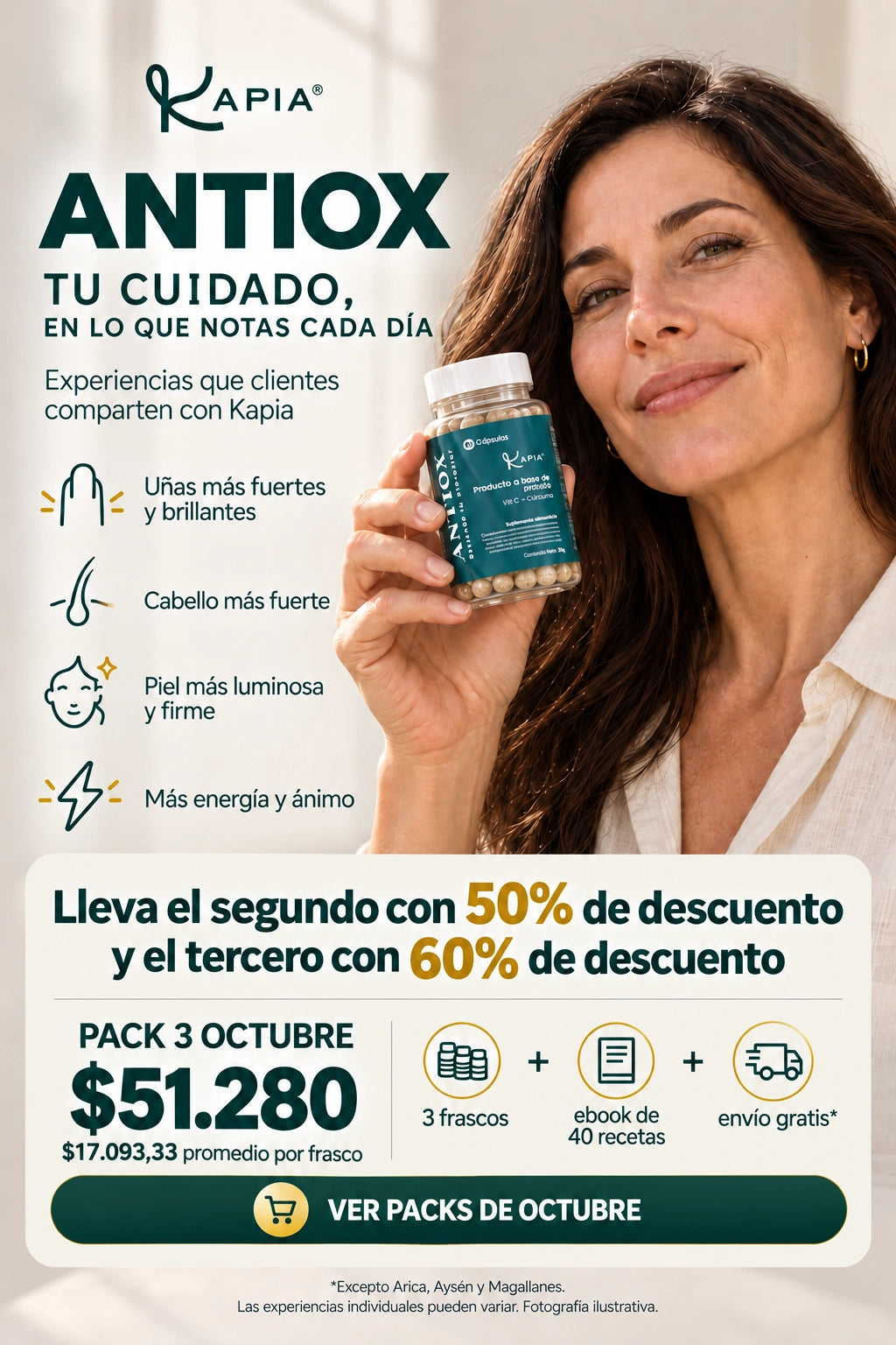 Kapia Antiox · Portada centrada en beneficios · oferta segundo 50% y tercero 60% de descuento